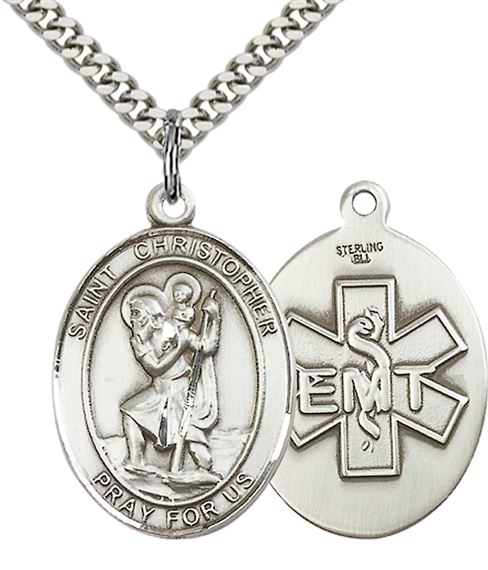 STERLING SILVER ST CHRISTOPHER PENDANT ON A CHAIN - 1" x 3/4"